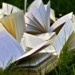 An artistic arrangement of open books in a grassy field, emphasizing a love for outdoor reading.